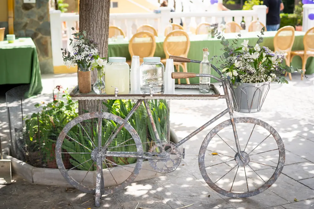 Fresh corner: bicicleta con jarras de limonada y agua y flores silvestres